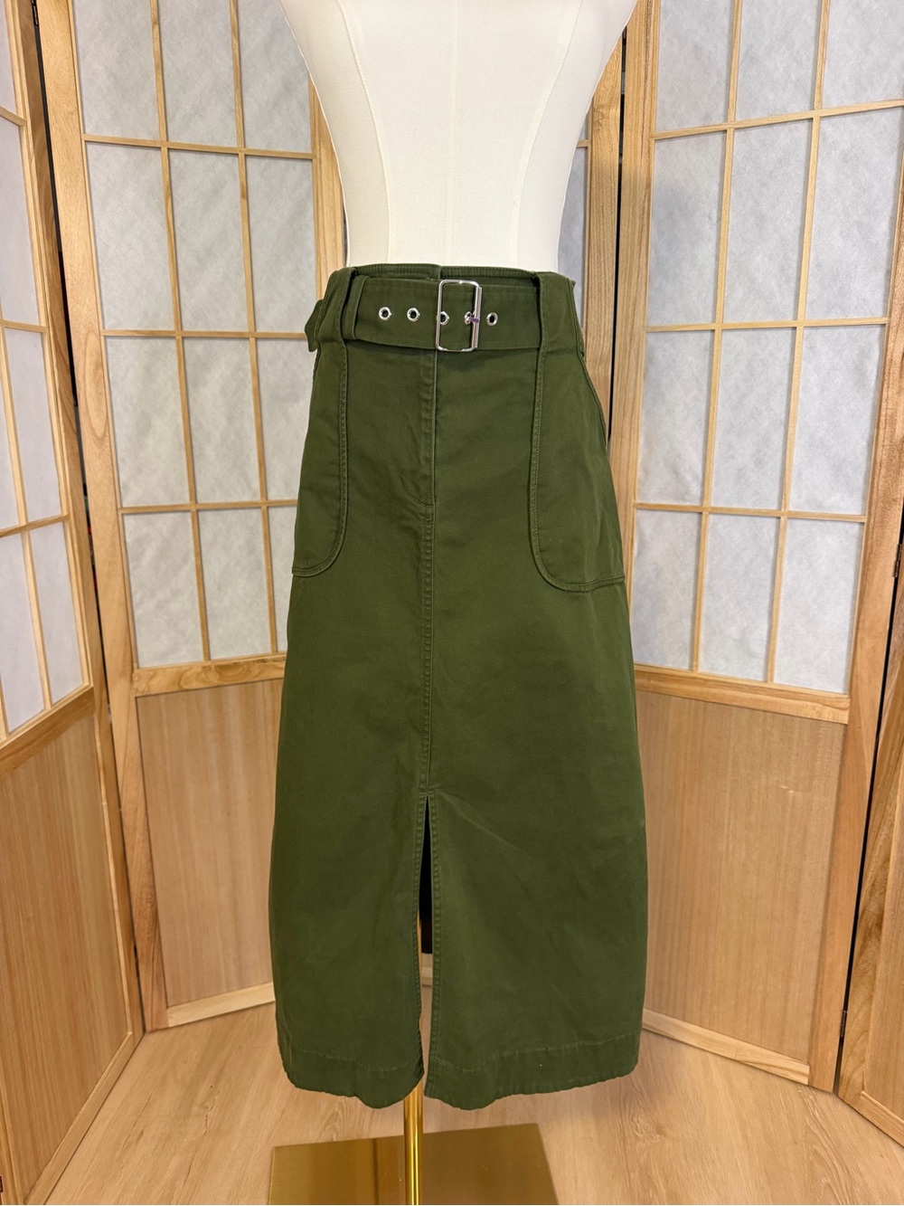 LOFT Olive Green Belted Midi Skirt - Picture 2 of 3